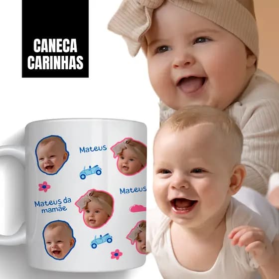 Caneca Xicara Porcelana 325ml Carinhas Bebê Filho Filha Personalizada Presente