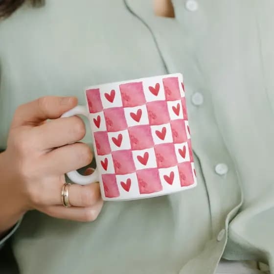 Caneca Xicara Porcelana 325ml Xadrez Coração Casal Namorados Casa Decoração Personalizada Presente