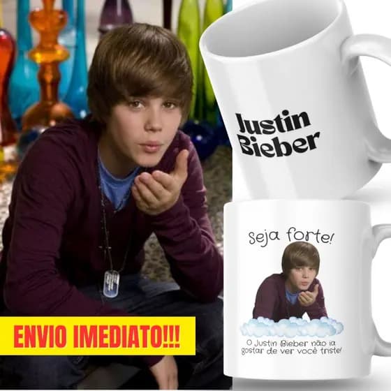 Caneca Xicara Porcelana 325ml Seja Forte Justin Bieber Personalizada Presente Decoração Casa