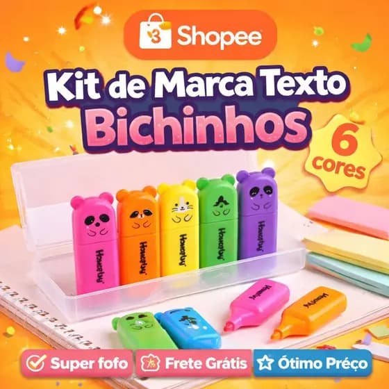 Kit Marca Texto Bichinhos 6 Cores | Marca Texto Fofo Escolar Planner Estudo