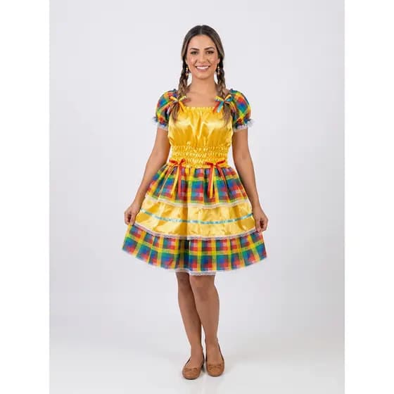 Vestido Caipira com Lastex Adulto Feminino - Festa Junina São João Roupa Típica