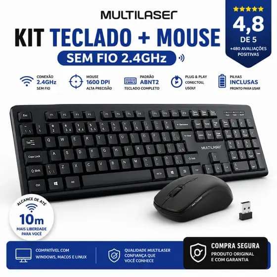 Kit Teclado e Mouse Multilaser Portátil 2.4ghz Sem Fio Wireless Pc Teclas Macias TC269 *ENVIO NO MESMO DIA UTIL*