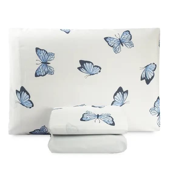 Kit Jogo de Cama Lençol Solteiro Roupa de Cama 03 Peças Quarto Estampado Borboleta Azul Branco