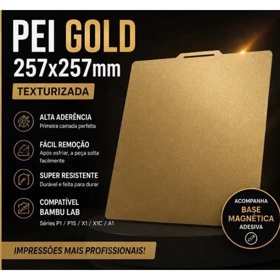 Placa PEI Gold 257x257 Texturizada Compatível Bambu Lab P1 X1 A1 + Base Magnética