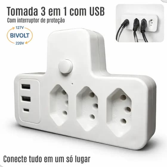 Adaptador Tomada 3 Entradas 3 USB Bivolt Benjamim T Extensão Com USB 110/220V