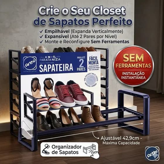 Sapateira Arthi Preta Modular 2 Pares Empilhável Organizador - Expansível Sem Ferramentas Prática para Closet e Quarto