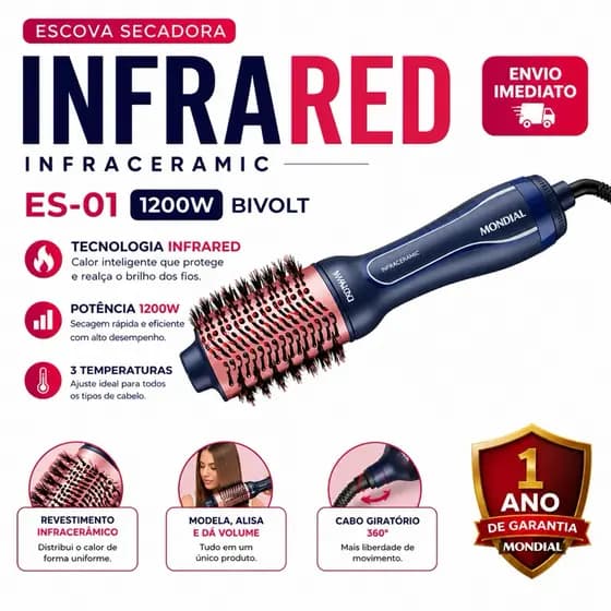 Escova Secadora InfraRed Mondial Rose 1200W Bivolt ES-01-IR Alisa e Seca 1 Ano Garantia