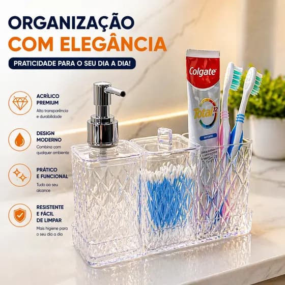 Kit Banheiro Lavabo Glamour 4 peças Completo Luxo Plasútil Organizador de Utensílios Decoração