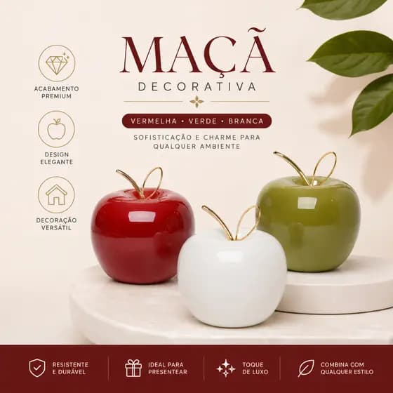 Maçã Decorativa em Cerâmica com Haste Dourada Decoração Luxo Sala Escritório