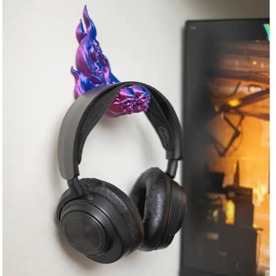 Suporte de Headset Gamer de Parede Chama Caveira 3D – Organizador Fone Setup RGB Geek Decorativo