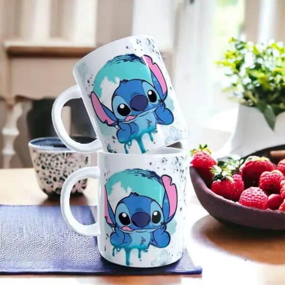 caneca aquarela lilo stitch branco com azul super decorativa para sua cozinha