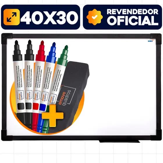Lousa Quadro Branco 40x30cm Soft Preto + 5 Canetas e Apagador