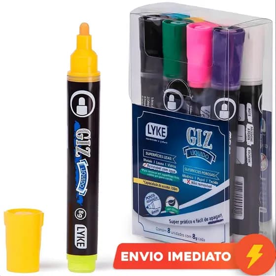 Kit 8 Cores Caneta Giz Líquido Colorida Para Vidro Quadro Preto Lousa 6mm E 4mm Lyke