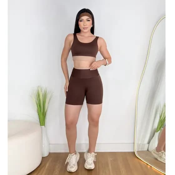 Conjunto Feminino Short Fitness Meia Coxa Virgínia Suplex Premium Cintura Bermuda