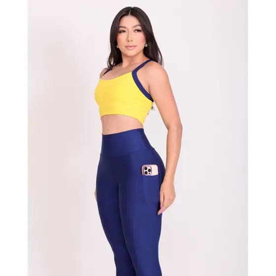 Conjunto Fitness Calça Com Bolso Feminino Corrida Academia Zero Transparência
