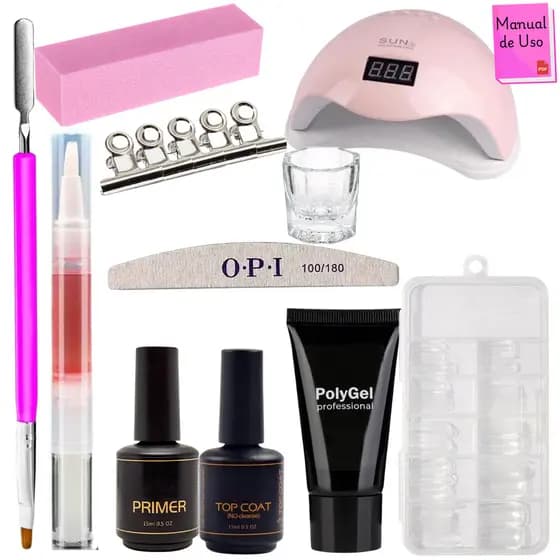 Kit Polygel Alongamento De Unha + Molde F1 + Lixa + Top Coat + Primer + Cabine Sun Grande Poligel Alongamento Unhas Poly