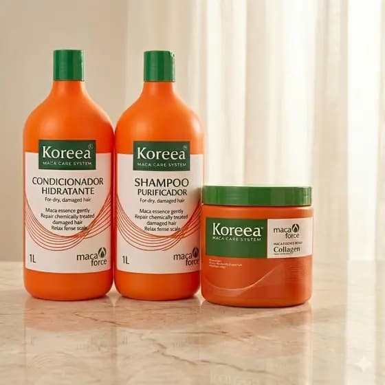 Kit Profissional Koreea Maca Force - Shampoo 1L + Condicionador 1L + Máscara 500g - Liso Espelhado