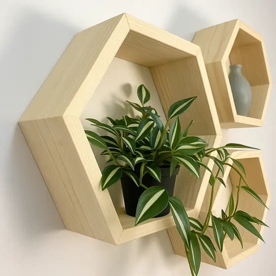 Kit 4 Nichos Hexagonais em Madeira de Pinus Colmeia Decorativo