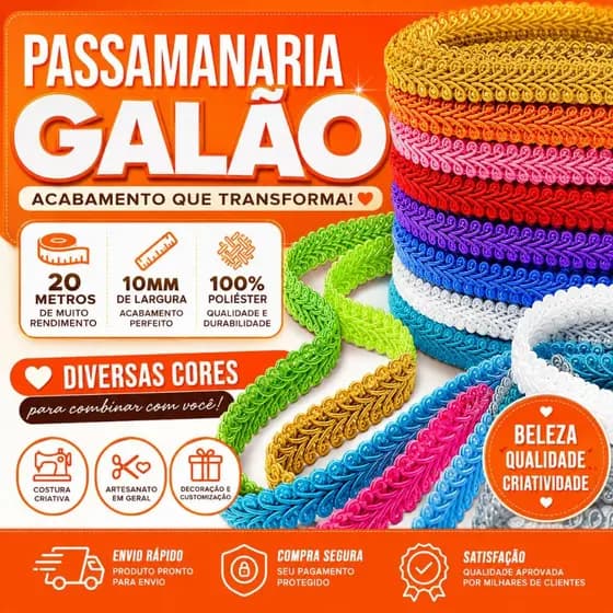 Passamanaria - Fita Galão - Rolo C/ 20 Metros Diversas Cores - 91 - Nybc