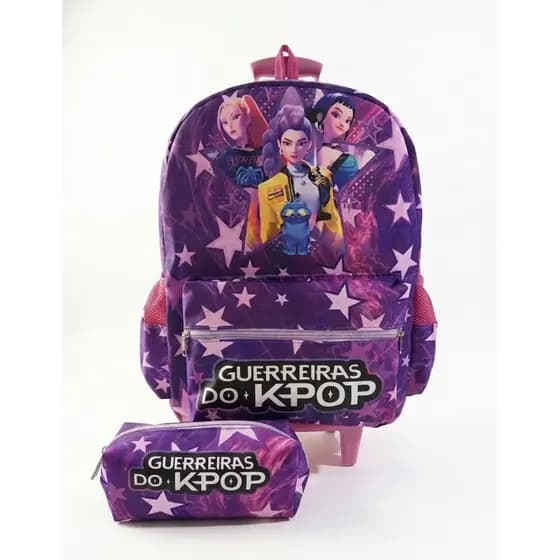 Kit Mochila Guerriras Kpop Rodinha Tamanho Grande e Estojo