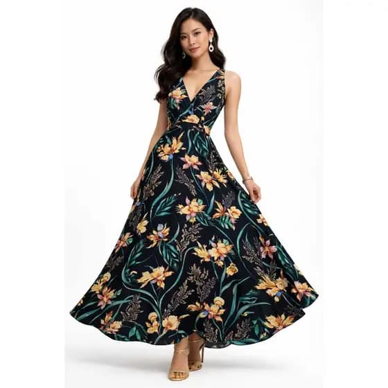 Vestido Longo Godê Feminino Estampado Tropical – Decote V