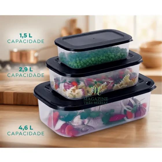 Conjunto Potes Plásticos PMG Nitron 3 Peças Retangular com Tampa Vedação Segura
