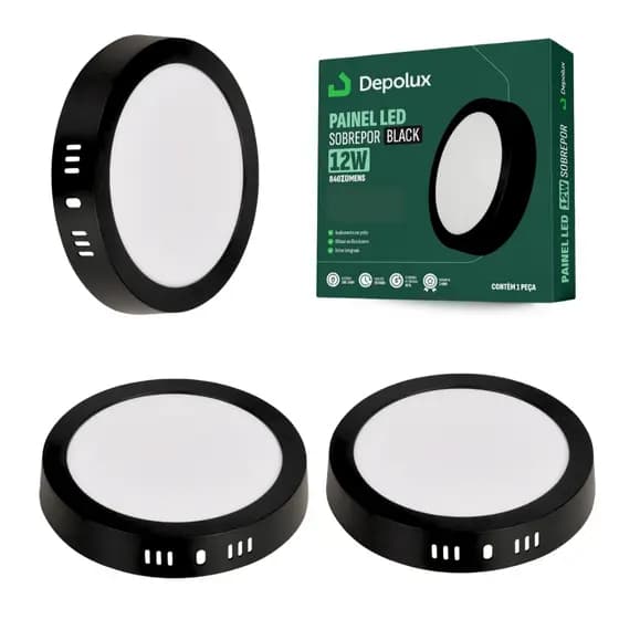 Kit 3 Painel LED 12W Plafon Sobrepor Redondo 16x16 Bivolt Preto 110/220v Teto