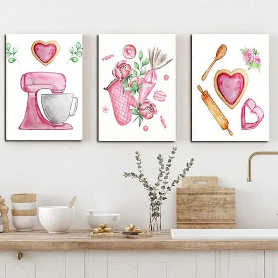 Quadros delicados e bonitos para cozinha - confeitaria - bolo batedeira - kit com 3 placas 20x30cm