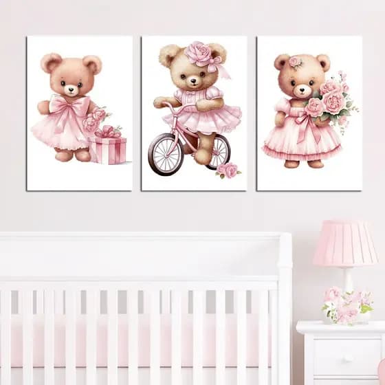 Quadros de decoração para quarto infantil, Ursinha, ursa rosa, Bicicleta flores, kit com 3 placas - Tam 20x30cm