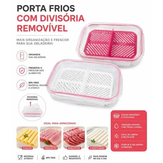 Porta Frios com Divisória Removível Hermético Organizador de Geladeira Free Porta Queijo Presunto
