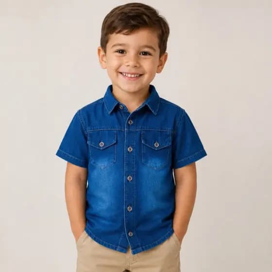 Camisa Infantil Jeans Manga Curta e Manga Longa Menino