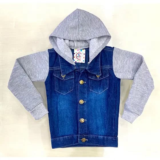 Jaqueta Infantil Jeans com Capuz e manga em moletom