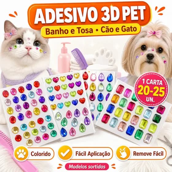 Kit 20-25 Pcs Adesivo 3D Pet Banho e Tosa Colorido Cachorro Gato Laço Elástico Bindi Piercing