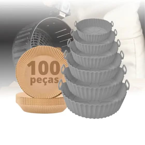 Kit Air Fryer 100 Papéis Antiaderente Descartável + 6 Formas Silicone Reutilizável Proteção Cesto
