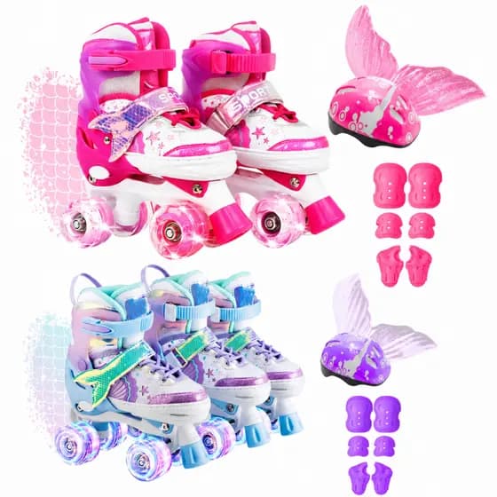 Patins Ajustável 4 Rodas Infantil Rodinha Com Led e Kit Proteção
