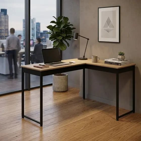Mesa de Canto Modelo Escrivaninha em L 110 cm - Tampo de Madeira e Pés de Metalon