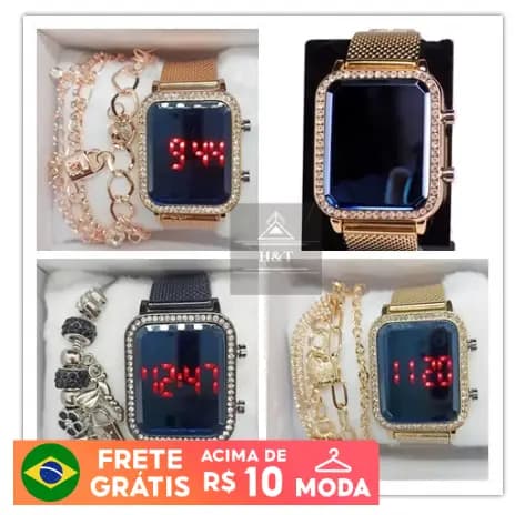 Kit Relógio Feminino Digital Quadrado Atrass Led Dourado e Rose com com Pulseira caixa12