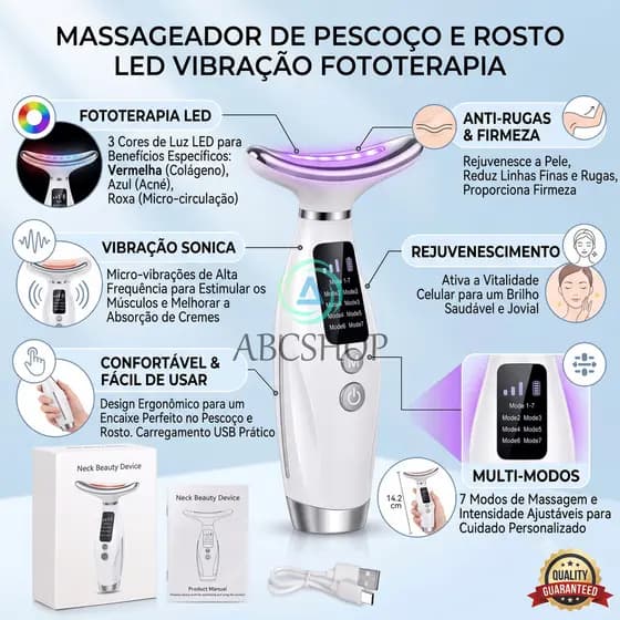 Massageador De Pescoço e Rosto LED Vibração Fototerapia Para Rejuvenescer Firmeza Anti-Rugas