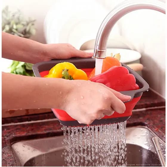 Escorredor Retrátil de Silicone 15x15 Compacto Dobrável e Prático Ideal Frutas Legumes Massas