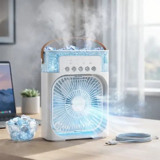 Mini Ar Condicionado Portátil USB com Reservatório – Climatizador Umidificador Ventilador 4 em 1 com Luz LED, Silencioso