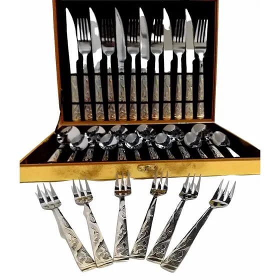 Kit Faqueiro Em Inox Com Detalhes em Dourado 24 Peças + Maleta Dourada + 6 Garfos Sobremesa Talheres