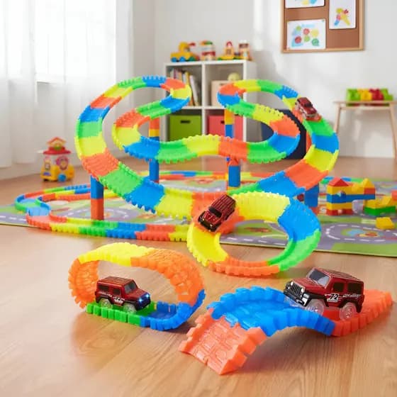 Kit 1 Carrinho com 70 cm De Pista Trilha Maluca brinquedo interativo educativo e para coordenação motora com 56 pç