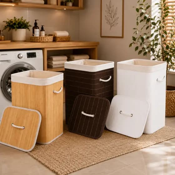 Cesto Roupa Suja Bambu 70L C/ Tampa Organizador Lavanderia Grande Moderno Branco Marrom Natural