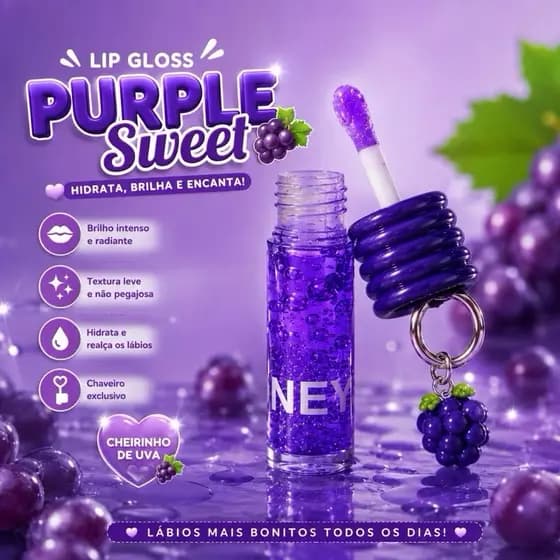 Lip Gloss Hidratante Labial Chaveiro Uva Mini Gloss Brilho Labial exclusivo gloss fofo chaveiro maquiagem