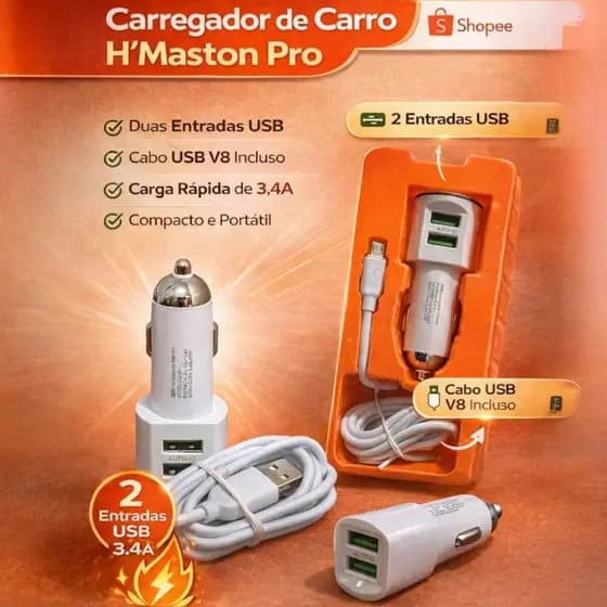 Carregador Veicular H’Maston Pro | USB Duplo + Cabo V8 Incluso | Carga Rápida