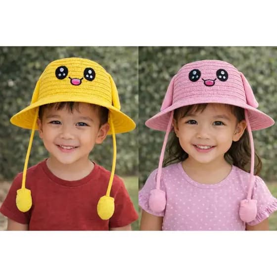 Chapéu Infantil de Palha Verão Levanta Orelha e Carinha Fofa
