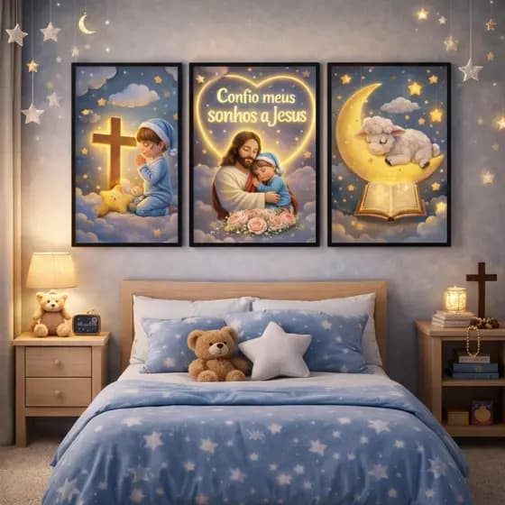 Kit 3 Quadro Decorativo Infantil Confio Meus Sonhos a Jesus Religioso Anjos