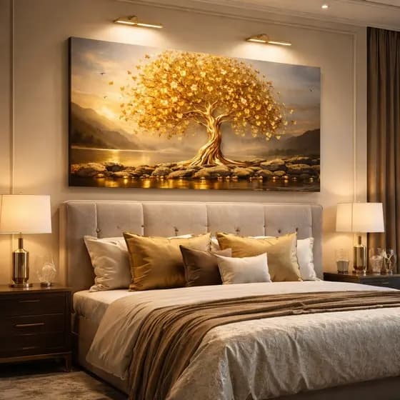 Quadro Decorativo Quarto 1 Peça Árvore da Vida Tons Claros Dourada Moderno