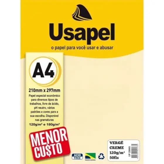 PAPEL VERGE A4 120G C/ 50 FOLHAS CREME - USAPEL