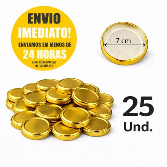 25 Tampas Douradas para Potes de Vidro de Conserva 74mm Twist Off Genéricas